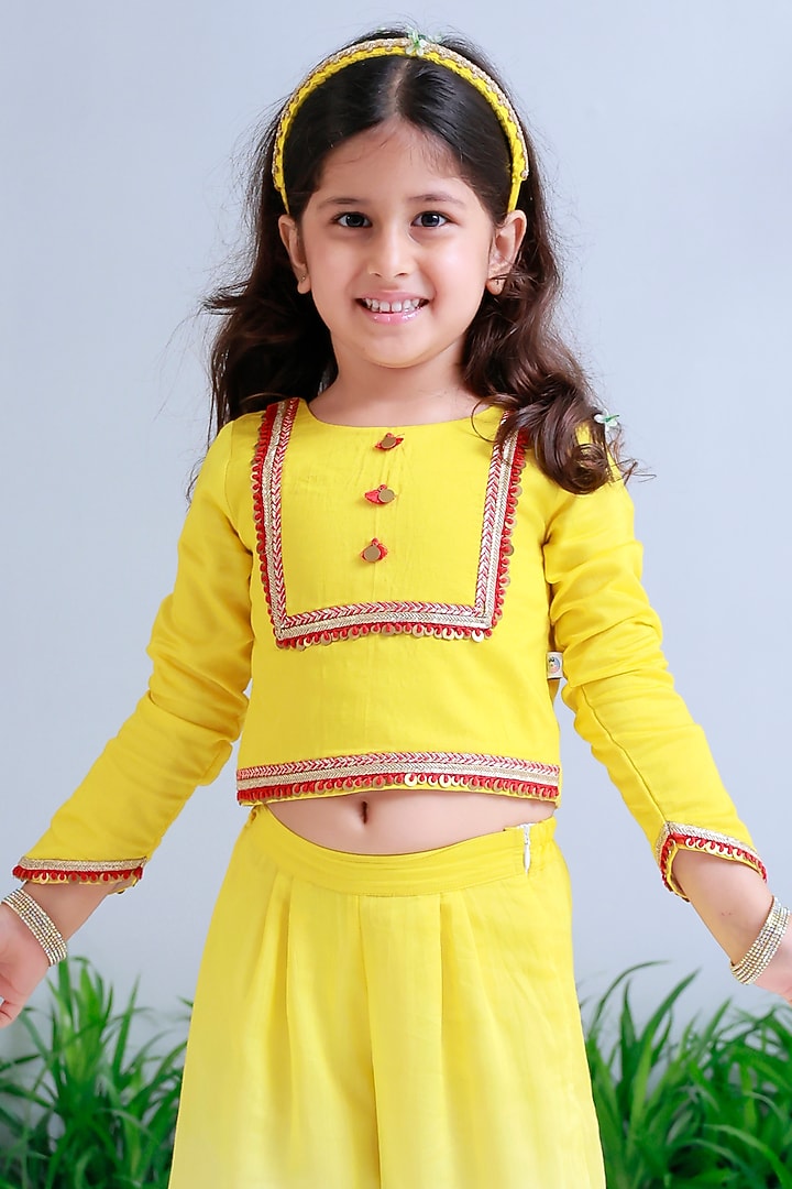 Yellow Handwoven Chanderi Ombre Palazzo Pants Set For Girls by Mi Dulce An'ya at Pernia's Pop Up Shop