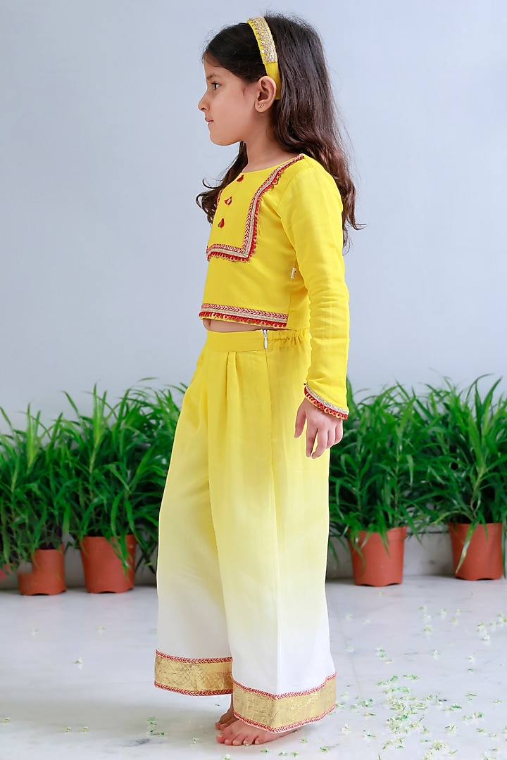Yellow Handwoven Chanderi Ombre Palazzo Pants Set For Girls by Mi Dulce An'ya at Pernia's Pop Up Shop