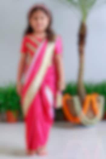 Pink Handwoven Chanderi Embroidered Pre-Draped Saree Set For Girls by Mi Dulce An'ya at Pernia's Pop Up Shop