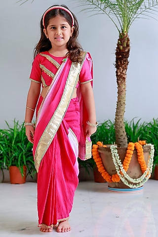 Pink Handwoven Chanderi Embroidered Pre-Draped Saree Set For Girls by Mi Dulce An'ya