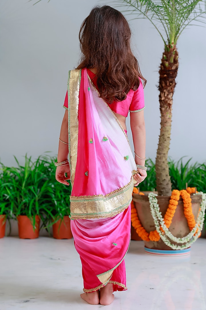 Pink Handwoven Chanderi Embroidered Pre-Draped Saree Set For Girls by Mi Dulce An'ya at Pernia's Pop Up Shop