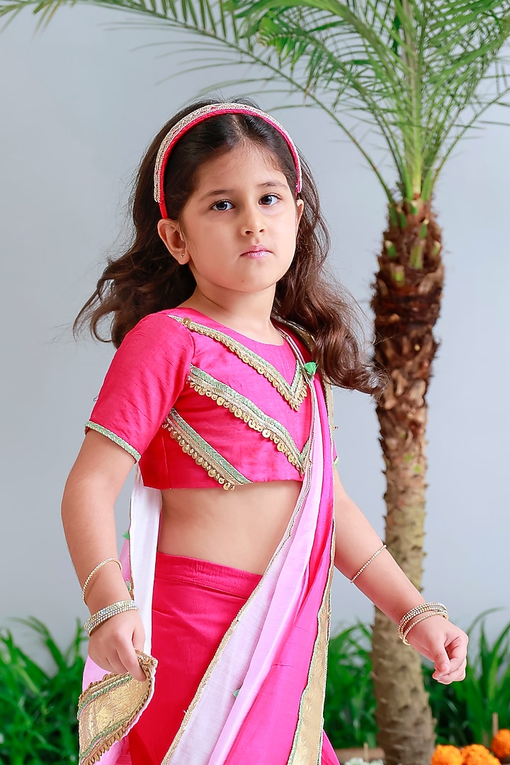 Pink Handwoven Chanderi Embroidered Pre-Draped Saree Set For Girls by Mi Dulce An'ya at Pernia's Pop Up Shop