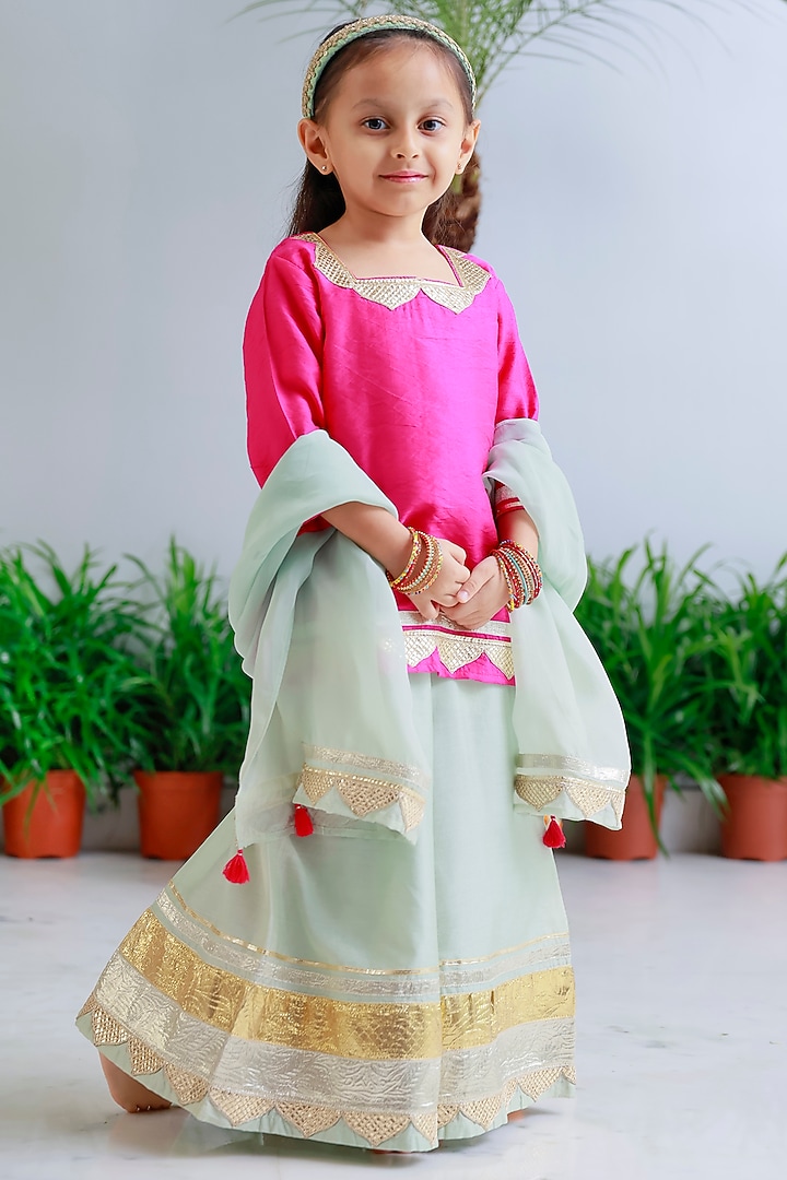 Sea Green Handwoven Chanderi Embroidered Sharara Set For Girls by Mi Dulce An'ya at Pernia's Pop Up Shop