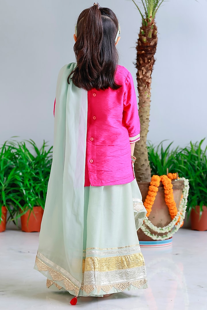Sea Green Handwoven Chanderi Embroidered Sharara Set For Girls by Mi Dulce An'ya at Pernia's Pop Up Shop