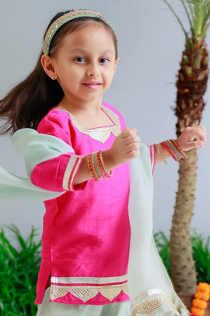 Sea Green Handwoven Chanderi Embroidered Sharara Set For Girls by Mi Dulce An'ya at Pernia's Pop Up Shop