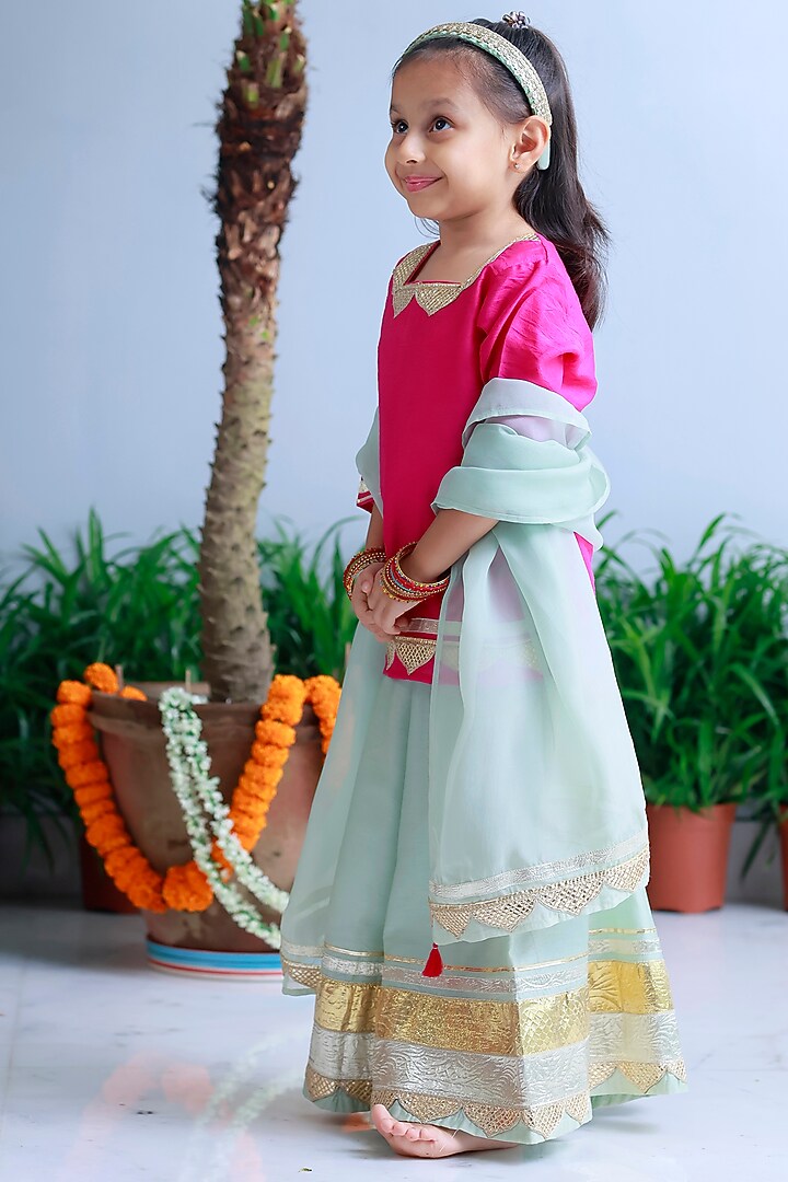 Sea Green Handwoven Chanderi Embroidered Sharara Set For Girls by Mi Dulce An'ya at Pernia's Pop Up Shop