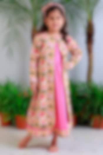 Pink Handwoven Chanderi Printed Jacket Dress For Girls by Mi Dulce An'ya at Pernia's Pop Up Shop