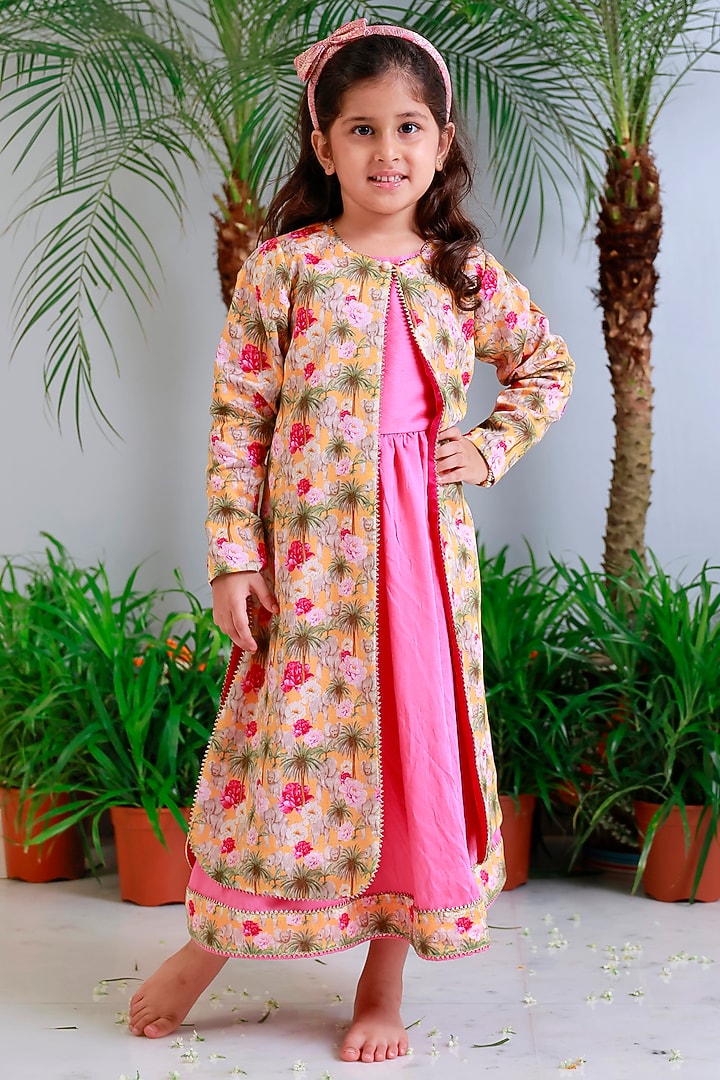 Pink Handwoven Chanderi Printed Jacket Dress For Girls by Mi Dulce An'ya at Pernia's Pop Up Shop