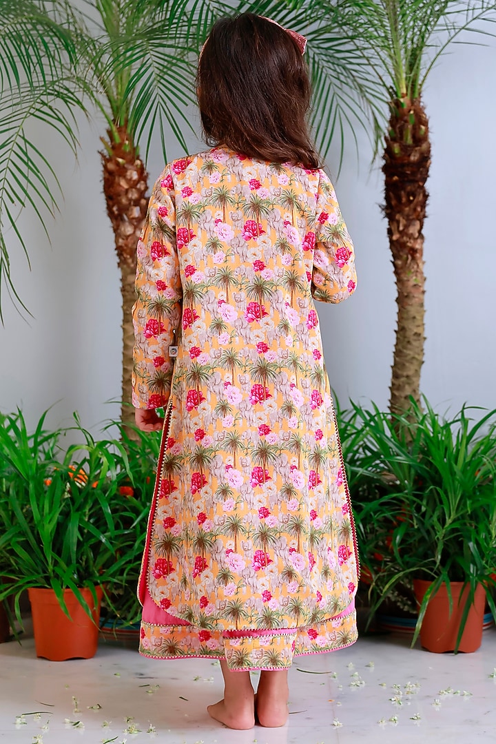 Pink Handwoven Chanderi Printed Jacket Dress For Girls by Mi Dulce An'ya at Pernia's Pop Up Shop