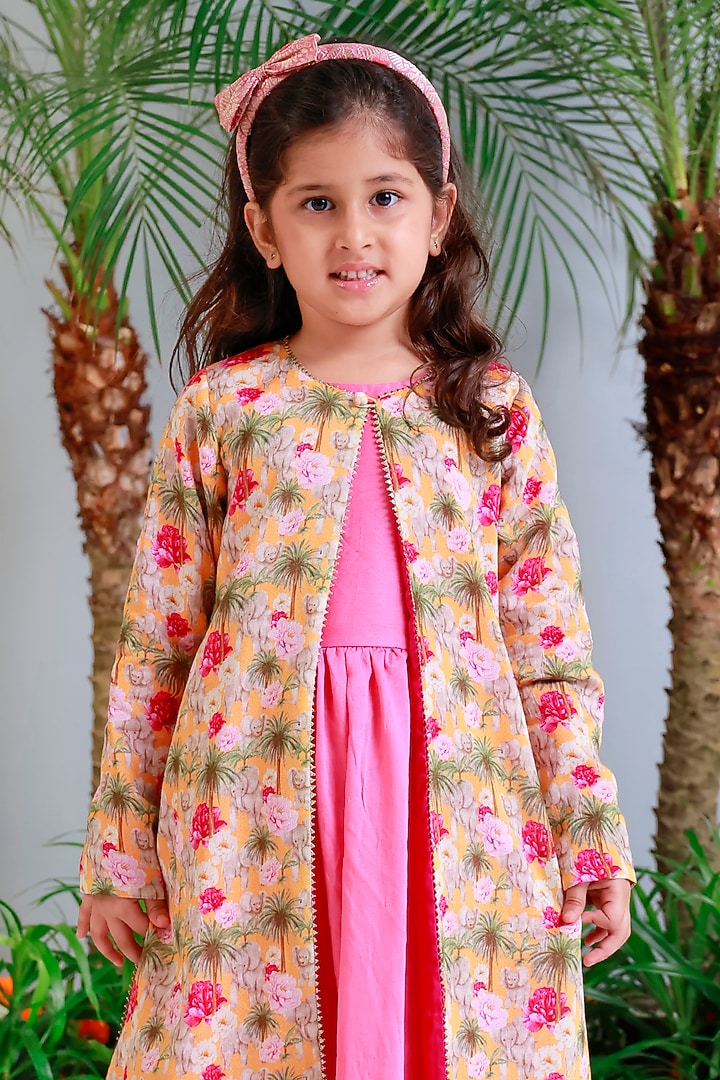 Pink Handwoven Chanderi Printed Jacket Dress For Girls by Mi Dulce An'ya at Pernia's Pop Up Shop