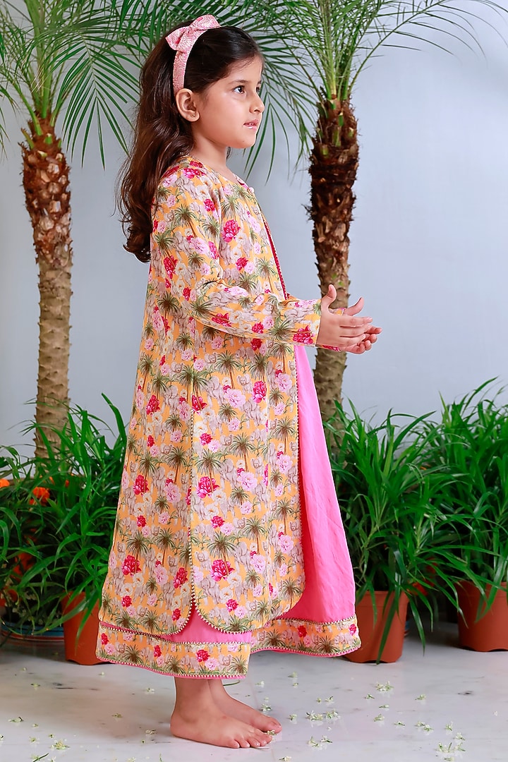 Pink Handwoven Chanderi Printed Jacket Dress For Girls by Mi Dulce An'ya at Pernia's Pop Up Shop