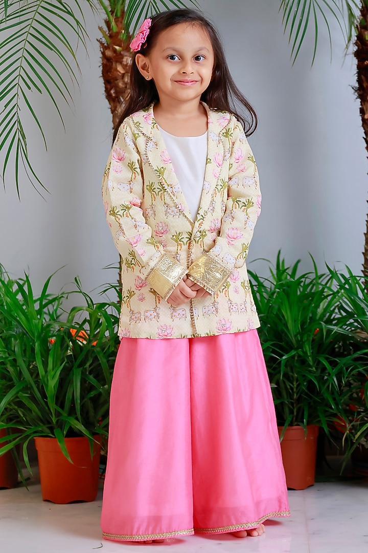 Pink Handwoven Chanderi Palazzo Pant Set For Girls by Mi Dulce An'ya at Pernia's Pop Up Shop
