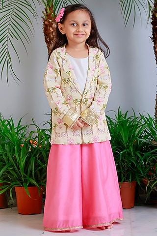 Pink Handwoven Chanderi Palazzo Pant Set For Girls by Mi Dulce An'ya
