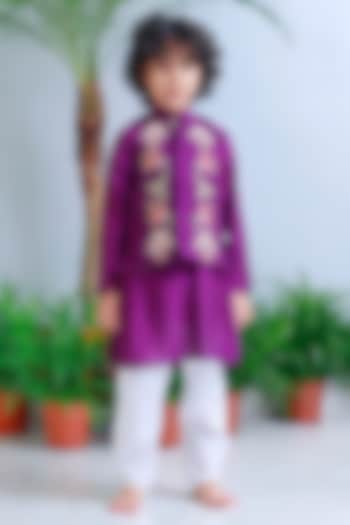 Purple Handwoven Chanderi Hand Embroidered Bandhgala Set For Boys by Mi Dulce An'ya at Pernia's Pop Up Shop