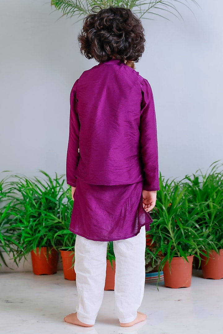 Purple Handwoven Chanderi Hand Embroidered Bandhgala Set For Boys by Mi Dulce An'ya at Pernia's Pop Up Shop