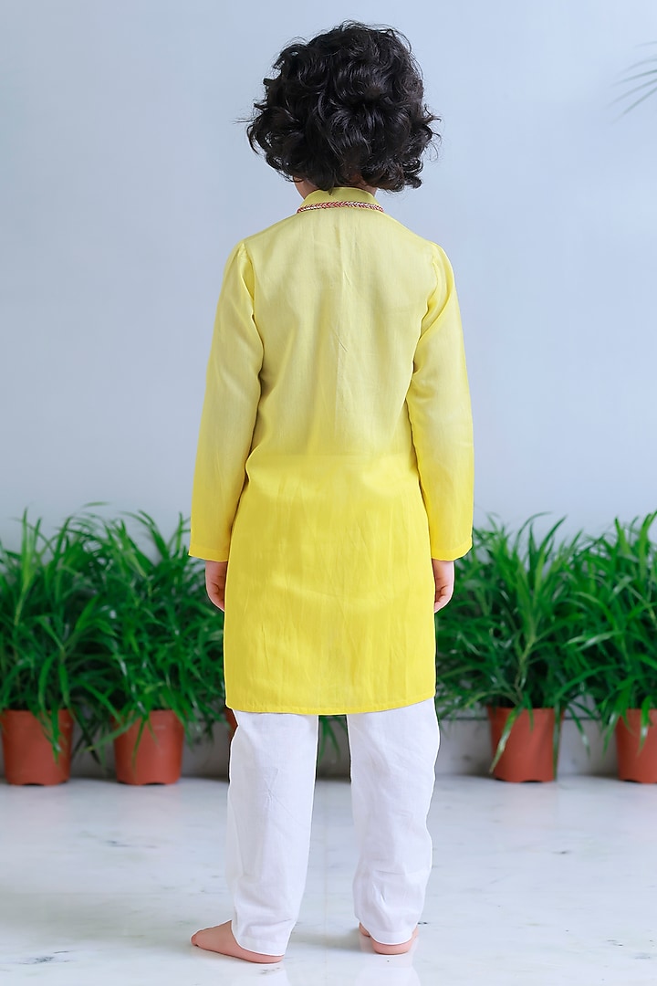 Yellow Handwoven Chanderi Embroidered Kurta Set For Boys by Mi Dulce An'ya at Pernia's Pop Up Shop