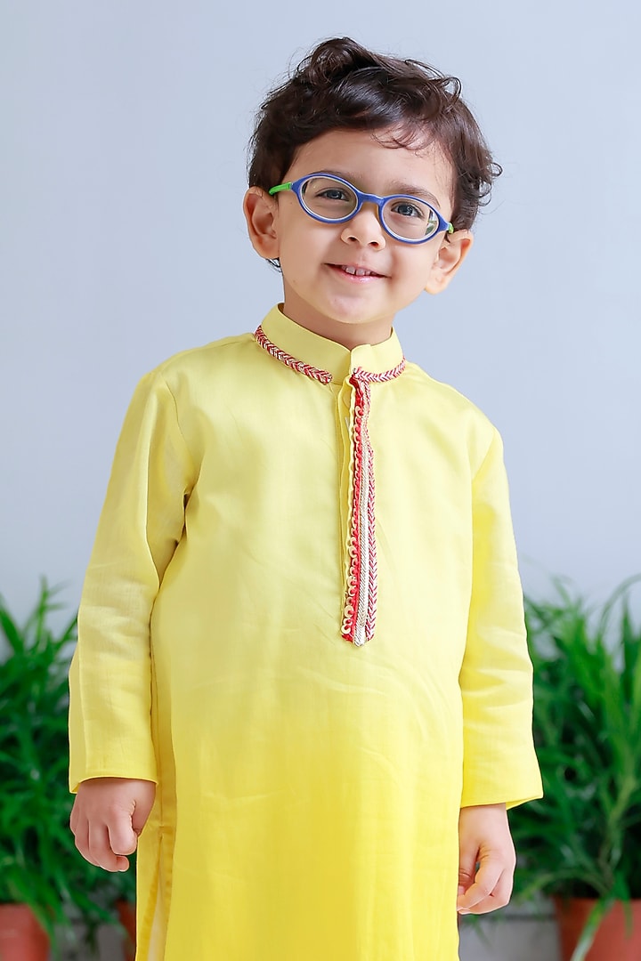 Yellow Handwoven Chanderi Embroidered Kurta Set For Boys by Mi Dulce An'ya at Pernia's Pop Up Shop