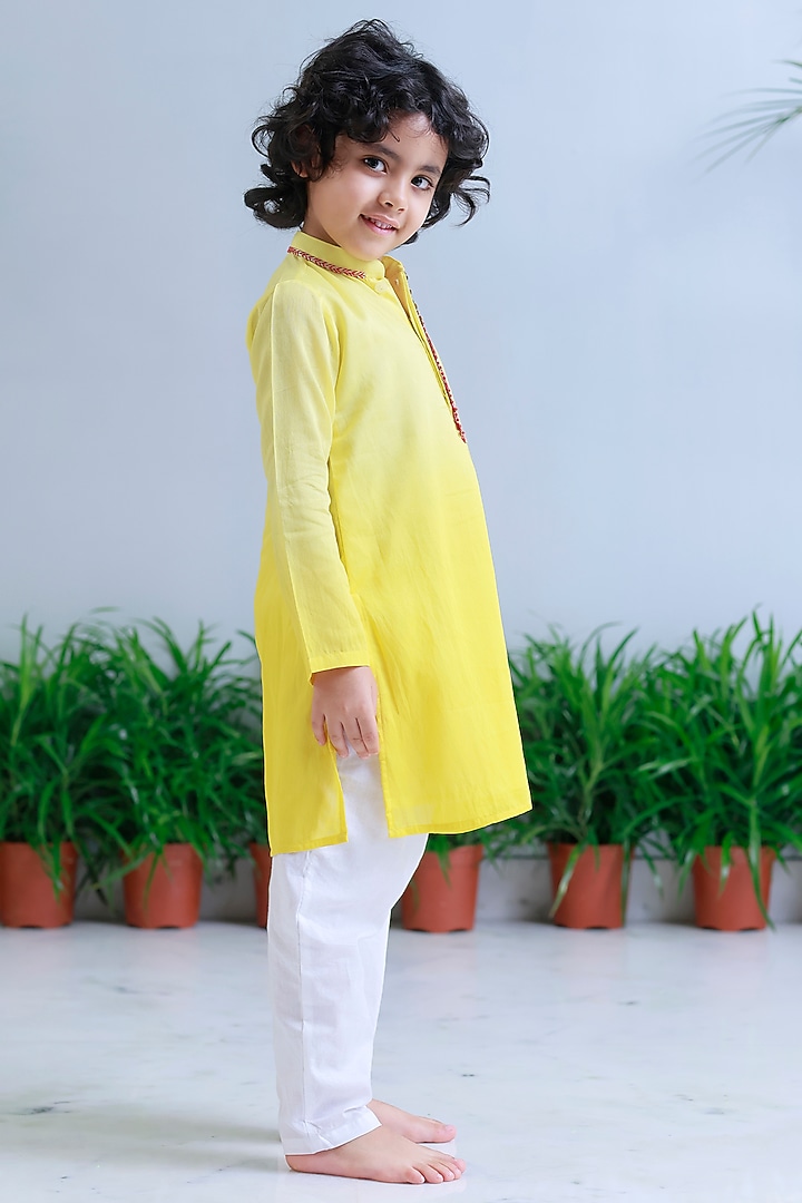 Yellow Handwoven Chanderi Embroidered Kurta Set For Boys by Mi Dulce An'ya at Pernia's Pop Up Shop