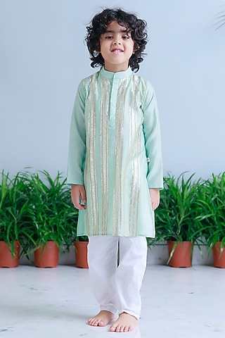 Sea Green Handwoven Chanderi Embroidered Kurta Set For Boys by Mi Dulce An'ya