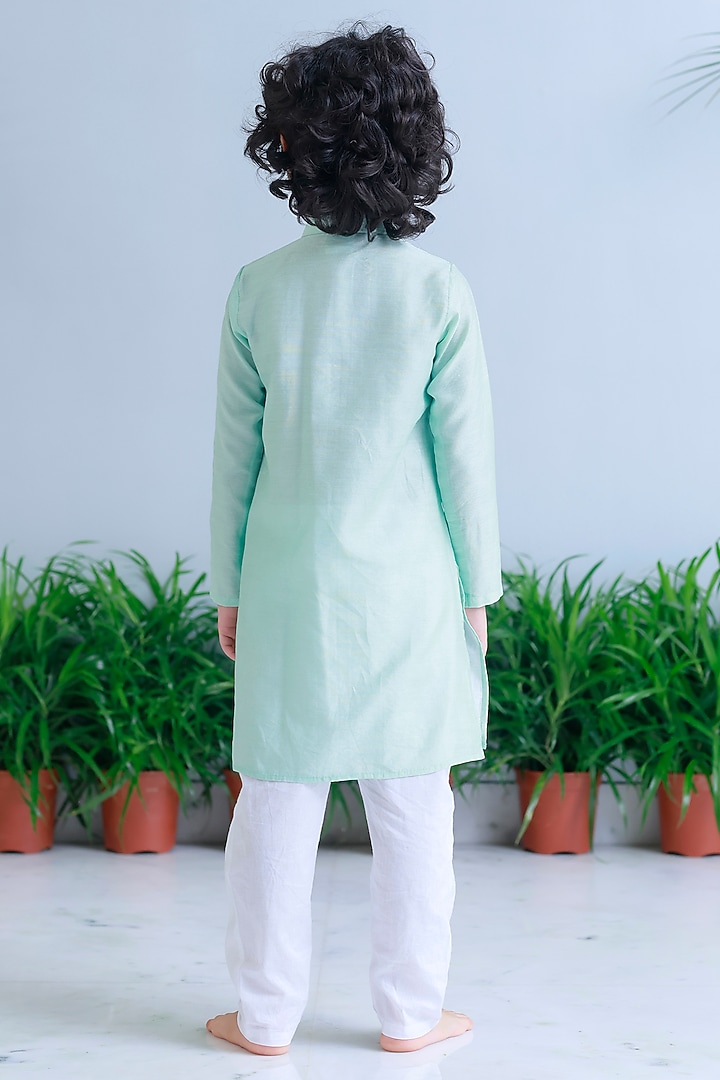 Sea Green Handwoven Chanderi Embroidered Kurta Set For Boys by Mi Dulce An'ya at Pernia's Pop Up Shop