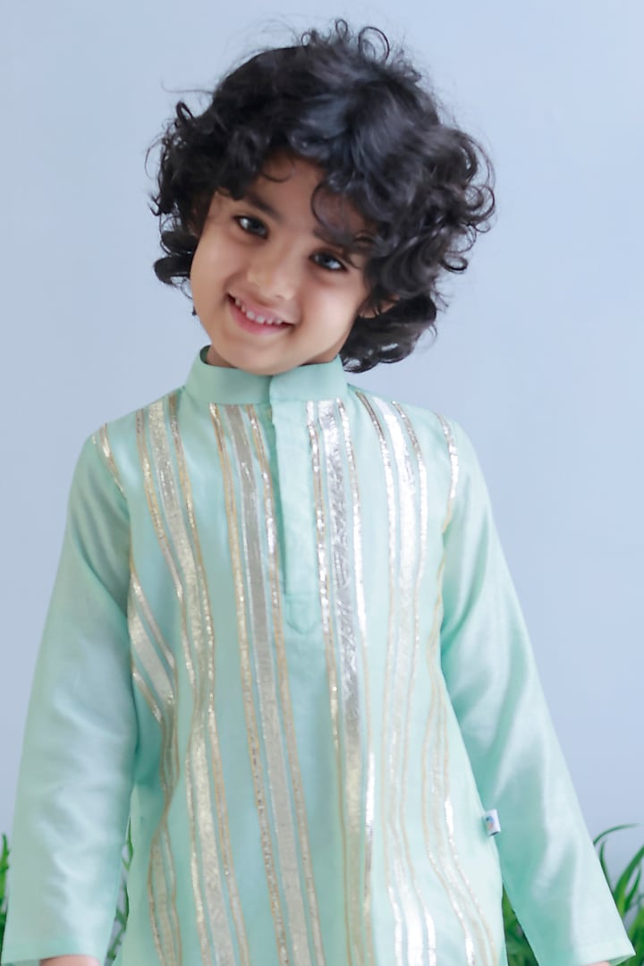 Sea Green Handwoven Chanderi Embroidered Kurta Set For Boys by Mi Dulce An'ya at Pernia's Pop Up Shop