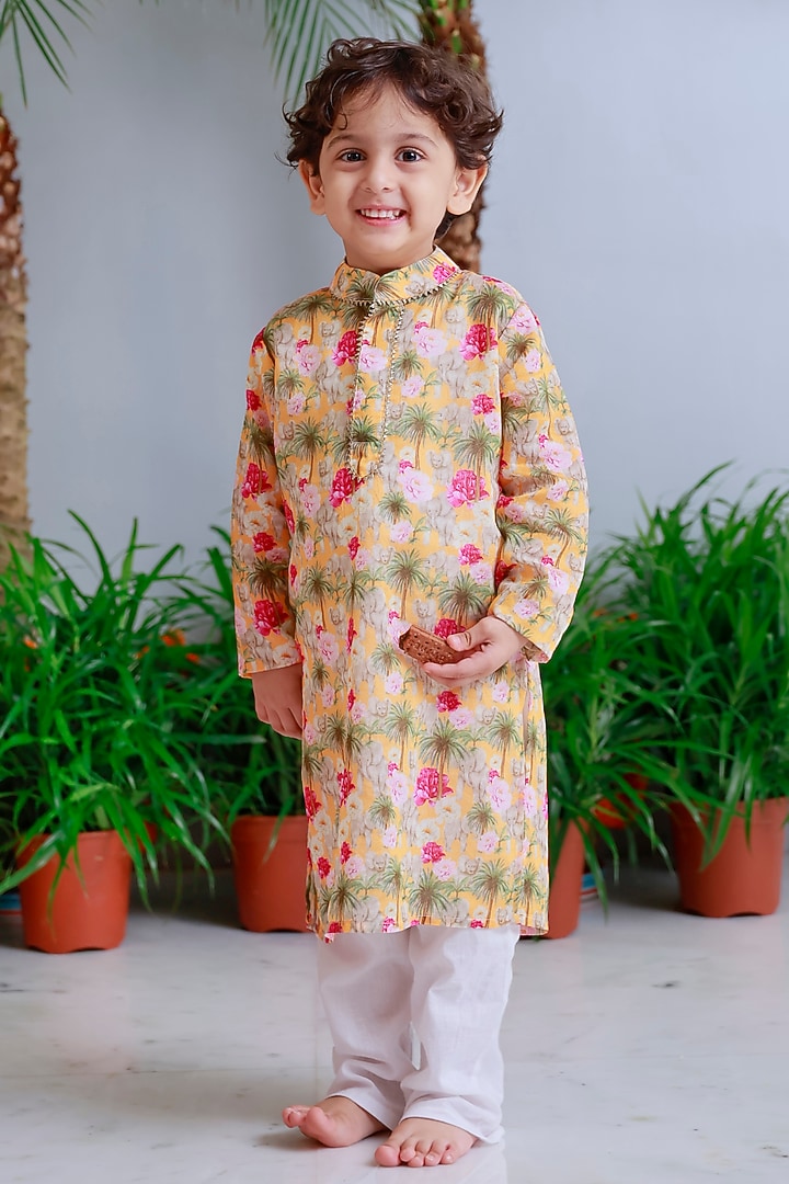 Multi-Colored Handwoven Chanderi Printed Kurta Set For Boys by Mi Dulce An'ya at Pernia's Pop Up Shop