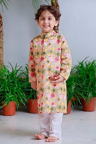 Multi-Colored Handwoven Chanderi Printed Kurta Set For Boys by Mi Dulce An'ya