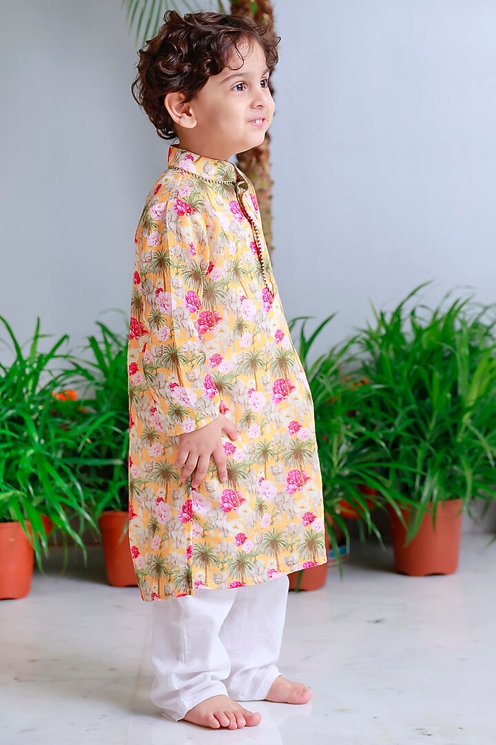 Multi-Colored Handwoven Chanderi Printed Kurta Set For Boys by Mi Dulce An'ya at Pernia's Pop Up Shop
