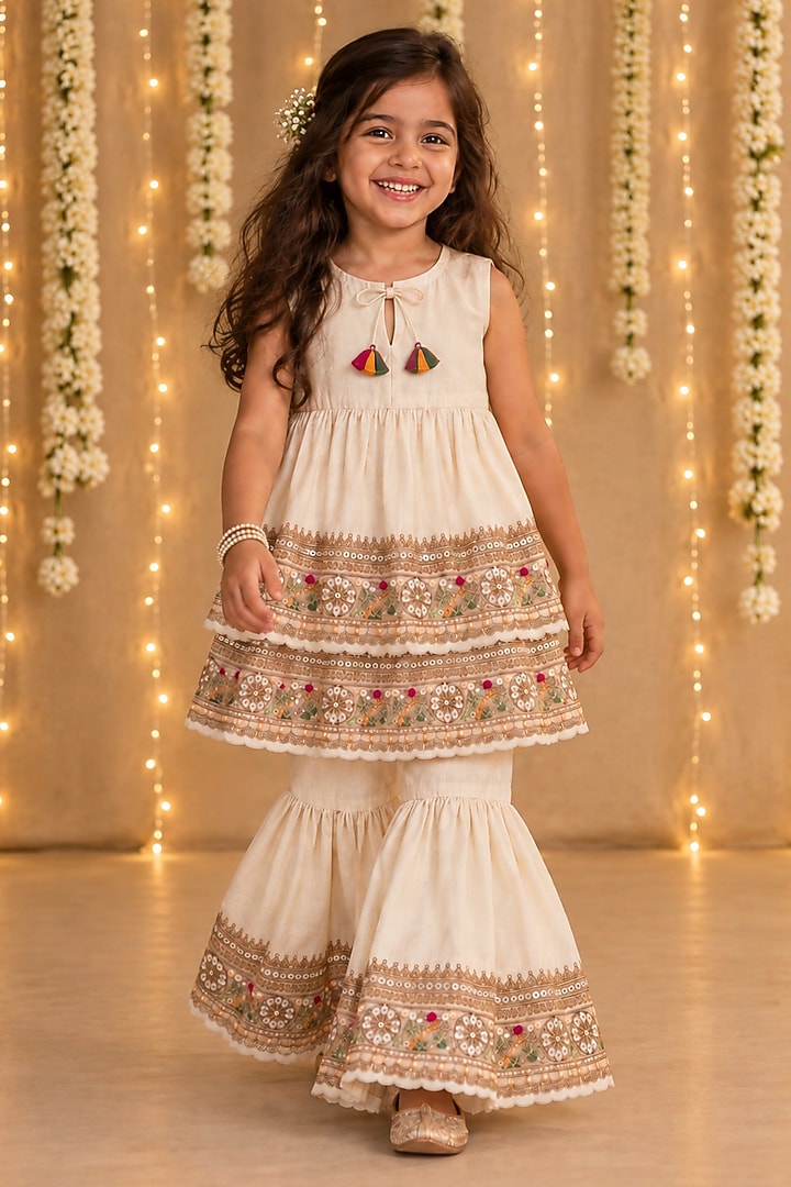Ivory Organic Cotton & Handwoven Chanderi Sharara Set For Girls by Mi Dulce An'ya at Pernia's Pop Up Shop