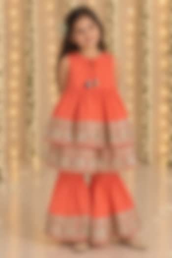 Coral Gold Organic Cotton & Handwoven Chanderi Sharara Set For Girls by Mi Dulce An'ya at Pernia's Pop Up Shop