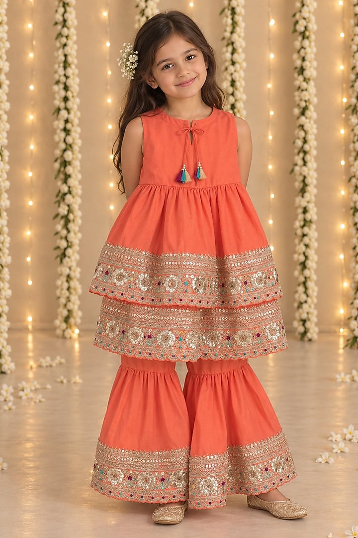Coral Gold Organic Cotton & Handwoven Chanderi Sharara Set For Girls by Mi Dulce An'ya at Pernia's Pop Up Shop