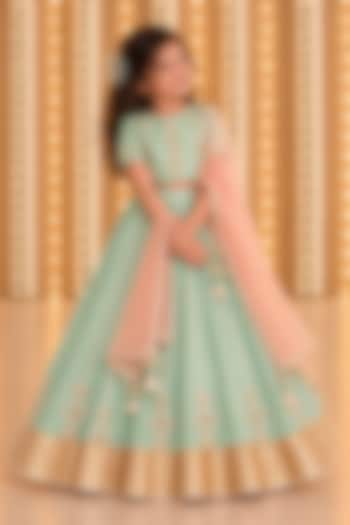 Sea Green Handwoven Chanderi Gota Embroidered Lehenga Set For Girls by Mi Dulce An'ya at Pernia's Pop Up Shop