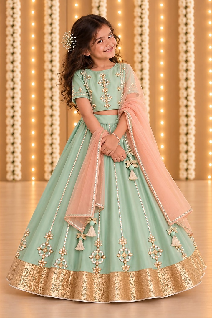 Sea Green Handwoven Chanderi Gota Embroidered Lehenga Set For Girls by Mi Dulce An'ya at Pernia's Pop Up Shop