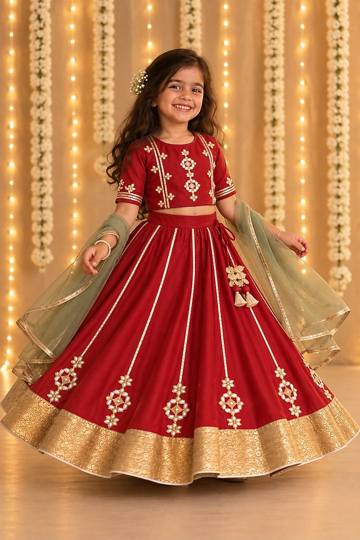 Ruby Handwoven Chanderi Gota Embroidered Lehenga Set For Girls by Mi Dulce An'ya at Pernia's Pop Up Shop
