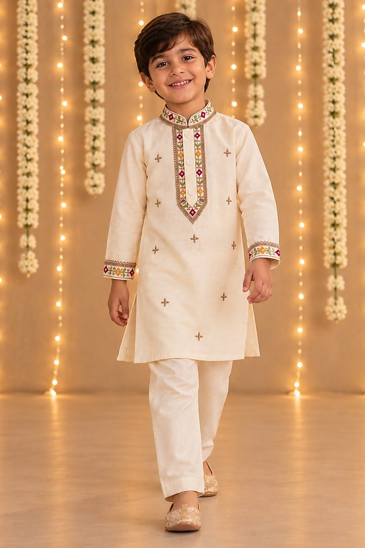Ivory Handwoven Chanderi Embroidered Kurta Set For Boys by Mi Dulce An'ya at Pernia's Pop Up Shop