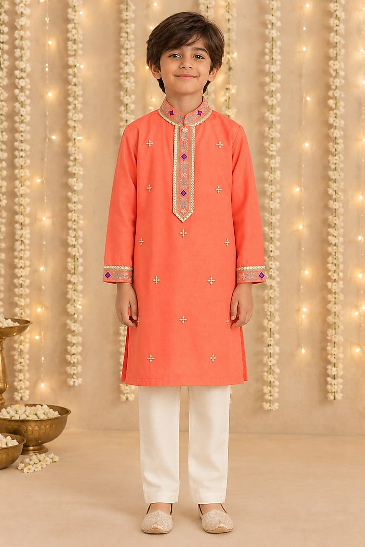 Coral Handwoven Chanderi Embroidered Kurta Set For Boys by Mi Dulce An'ya at Pernia's Pop Up Shop