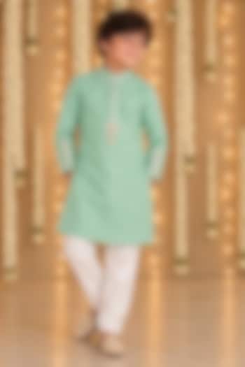 Sea Green Handwoven Chanderi Gota Embroidered Kurta Set For Boys by Mi Dulce An'ya at Pernia's Pop Up Shop
