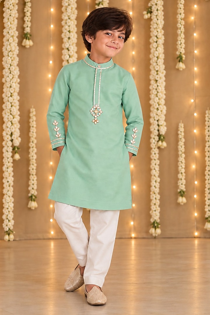 Sea Green Handwoven Chanderi Gota Embroidered Kurta Set For Boys by Mi Dulce An'ya at Pernia's Pop Up Shop
