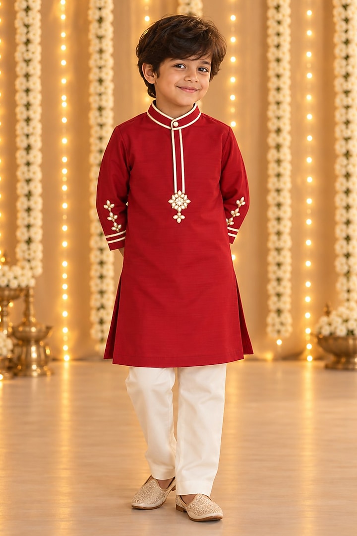 Ruby Handwoven Chanderi Gota Embroidered Kurta Set For Boys by Mi Dulce An'ya at Pernia's Pop Up Shop