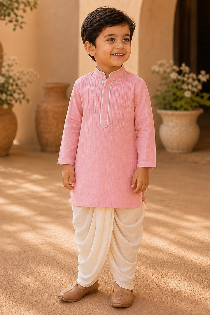 Bubblegum Pink Handwoven Chanderi Pintuck Kurta Set For Boys by Mi Dulce An'ya at Pernia's Pop Up Shop