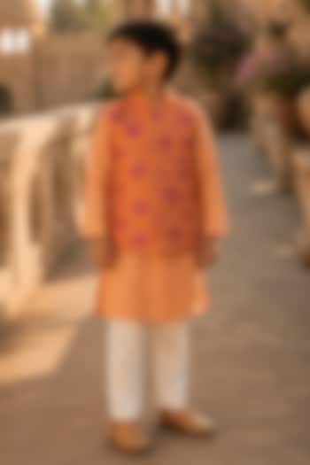 Orange Handwoven Chanderi Printed Bundi Jacket Set For Boys by Mi Dulce An'ya at Pernia's Pop Up Shop
