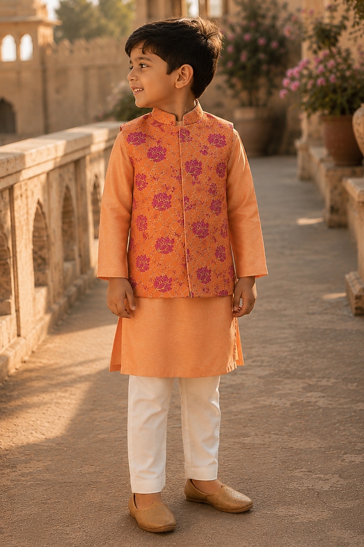 Orange Handwoven Chanderi Printed Bundi Jacket Set For Boys by Mi Dulce An'ya at Pernia's Pop Up Shop