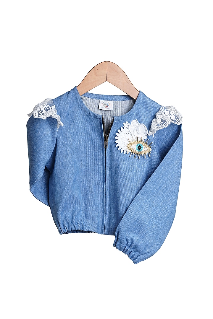 Indigo Embroidered Denim Jacket For Girls by Mi Dulce An'ya