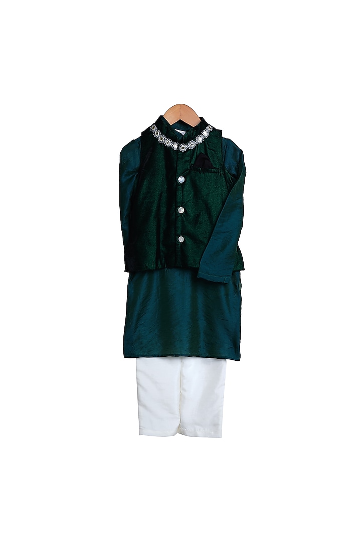 Emerald Green Cotton Kurta Set With Bundi Jacket For Boys by Mi Dulce An'ya