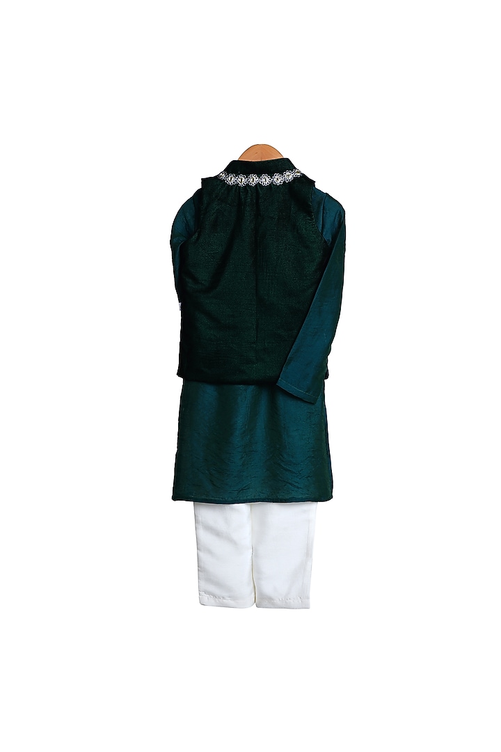 Emerald Green Cotton Kurta Set With Bundi Jacket For Boys by Mi Dulce An'ya at Pernia's Pop Up Shop