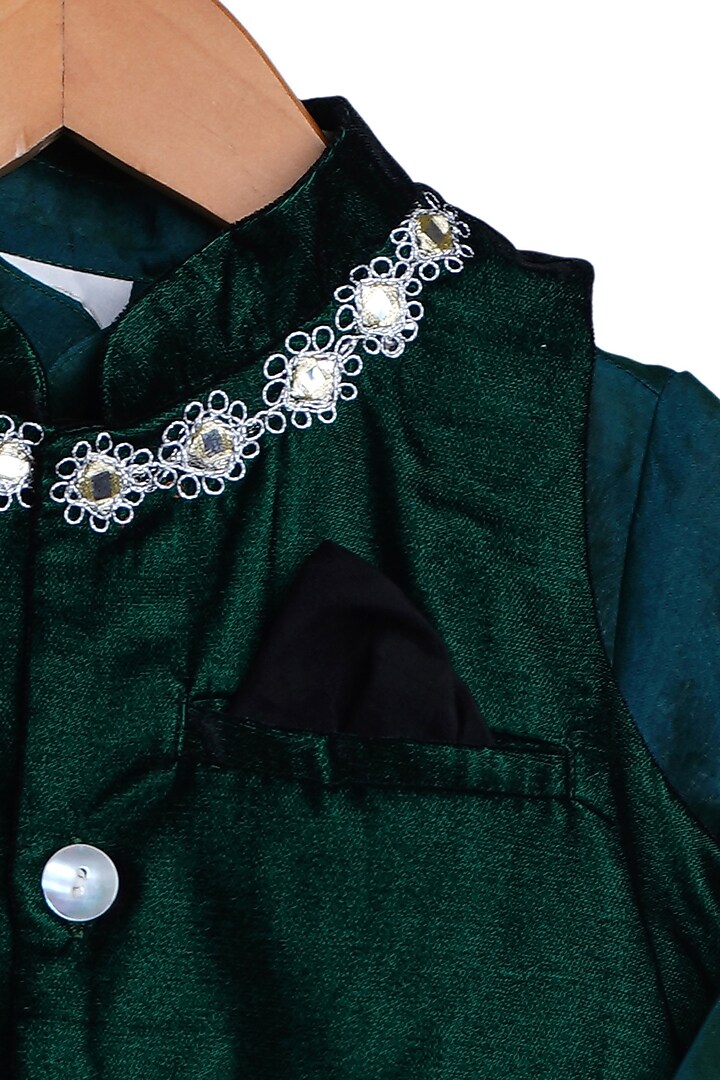 Emerald Green Cotton Kurta Set With Bundi Jacket For Boys by Mi Dulce An'ya at Pernia's Pop Up Shop