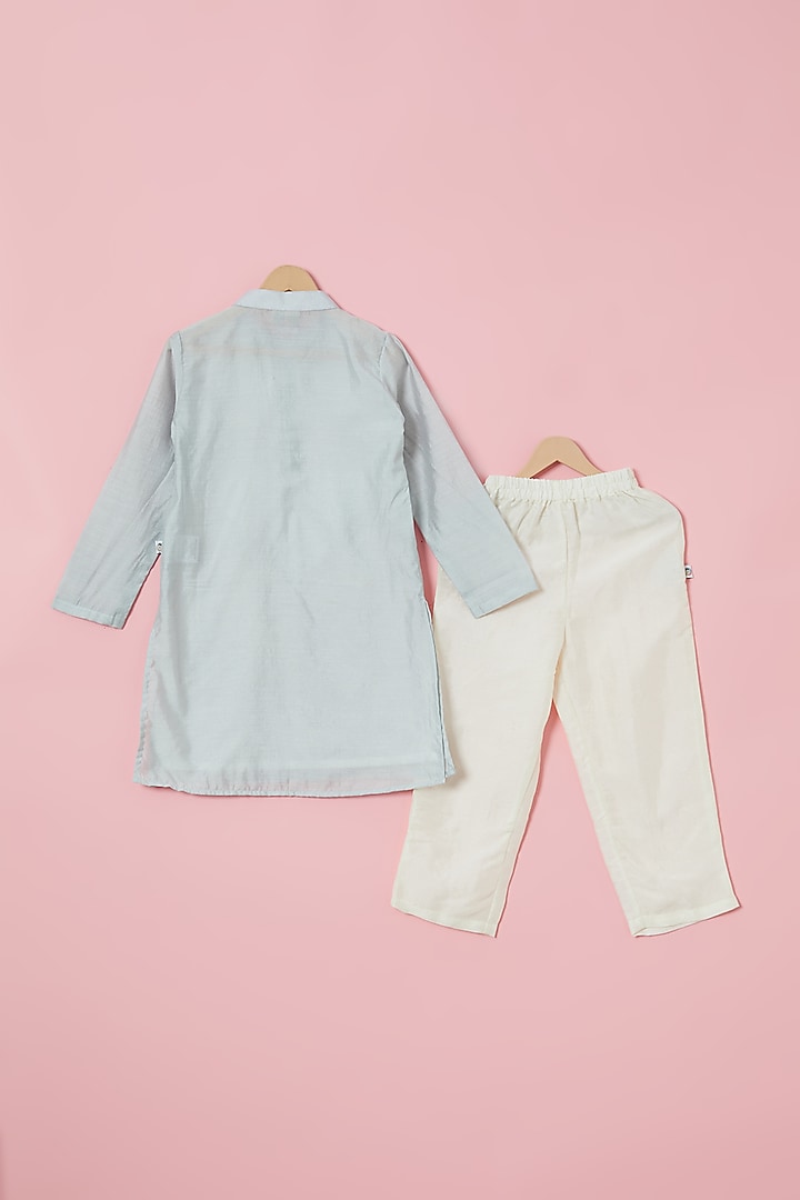 Grey Handwoven Chanderi Mirror Embroidered Kurta Set For Boys by Mi Dulce An'ya at Pernia's Pop Up Shop