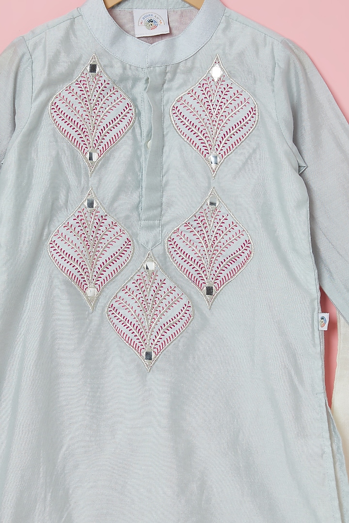 Grey Handwoven Chanderi Mirror Embroidered Kurta Set For Boys by Mi Dulce An'ya at Pernia's Pop Up Shop