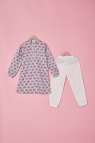Grey Handwoven Chanderi Hand Printed Kurta Set For Boys by Mi Dulce An'ya