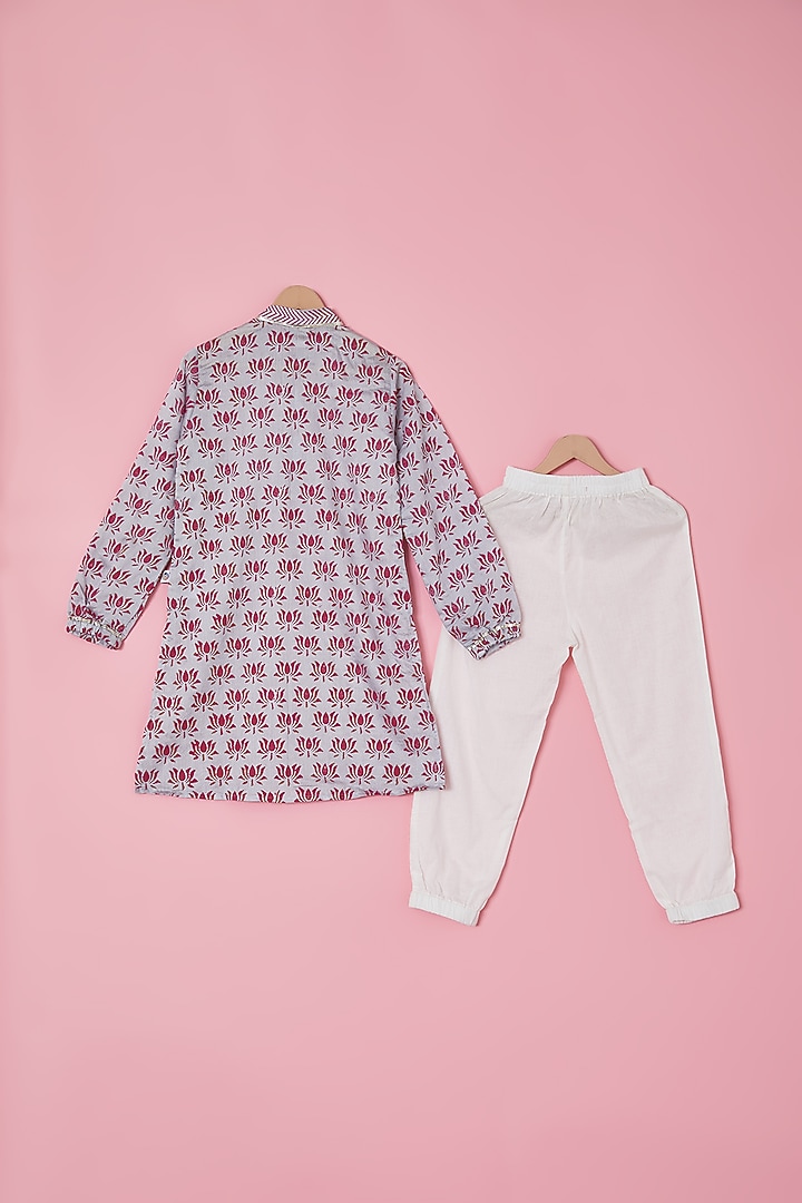 Grey Handwoven Chanderi Hand Printed Kurta Set For Boys by Mi Dulce An'ya at Pernia's Pop Up Shop
